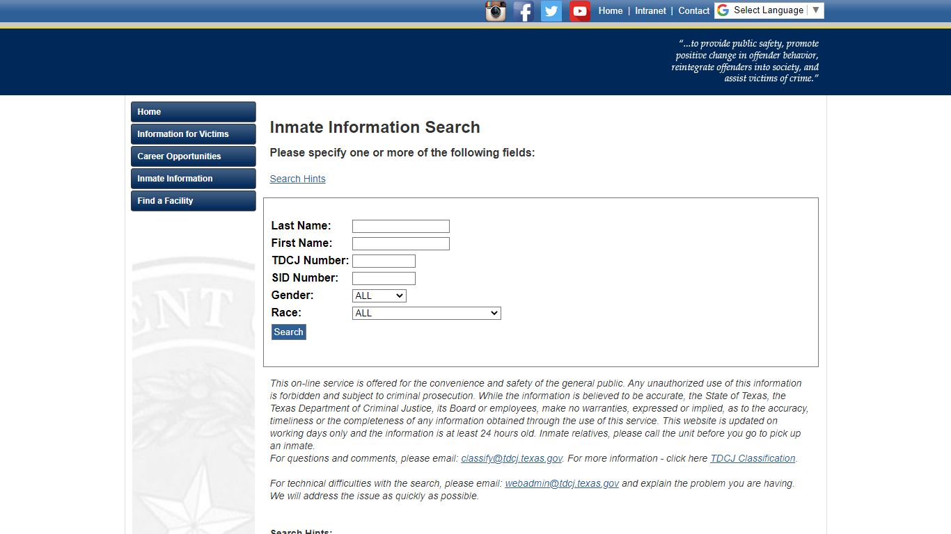 Texas Department of Criminal Justice Inmate Search